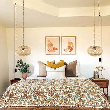 Plug in Pendant Light Rattan Hanging Lights with Plug in Cord, 15 FT Hemp Rope Cord Pendant Lamp Bamboo Lampshade, Farmhouse Industrial Boho Plug In Ceiling Light Fixture For Living Room Bedroom