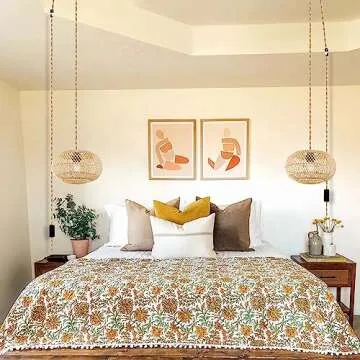 Plug in Pendant Light Rattan Hanging Lights with Plug in Cord, 15 FT Hemp Rope Cord Pendant Lamp Bamboo Lampshade, Farmhouse Industrial Boho Plug In Ceiling Light Fixture For Living Room Bedroom