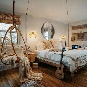 Plug in Pendant Light Rattan Hanging Lights with Plug in Cord, 15 FT Hemp Rope Cord Pendant Lamp Bamboo Lampshade, Farmhouse Industrial Boho Plug In Ceiling Light Fixture For Living Room Bedroom