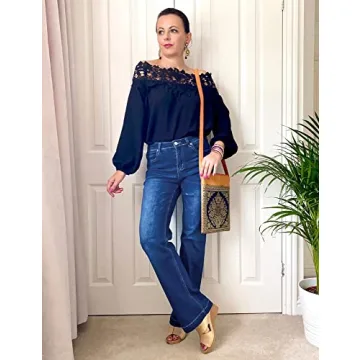 GRAPENT High Waisted Wide Leg Jeans for Women in Dark Blue