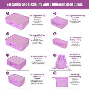 Packing Cubes 8 Sets/7 Colors Travel Luggage Organizers Include Waterproof Shoe Storage Bag Convenient Compression Pouches for Traveller (Purple)