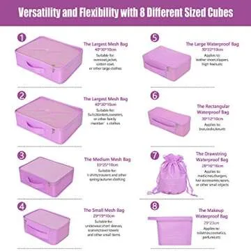 Packing Cubes 8 Sets/7 Colors Travel Luggage Organizers Include Waterproof Shoe Storage Bag Convenient Compression Pouches for Traveller (Purple)