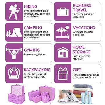 Packing Cubes 8 Sets/7 Colors Travel Luggage Organizers Include Waterproof Shoe Storage Bag Convenient Compression Pouches for Traveller (Purple)