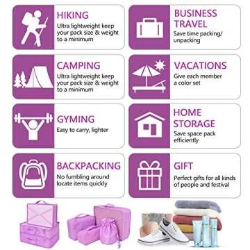Packing Cubes 8 Sets/7 Colors Travel Luggage Organizers Include Waterproof Shoe Storage Bag Convenient Compression Pouches for Traveller (Purple)