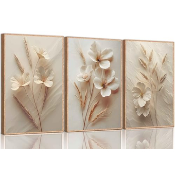 3Pcs Neutral Beige Floral Botanical Canvas Wall art Modern Simple Texture Flower Plant Painting Pict...