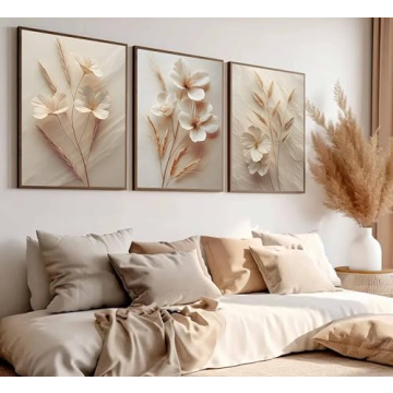 3Pcs Neutral Beige Floral Botanical Canvas Wall art Modern Simple Texture Flower Plant Painting Picture Wall Decor Vintage Blossom Poster Print Artwork for Living Room Bedroom Bathroom Unframed