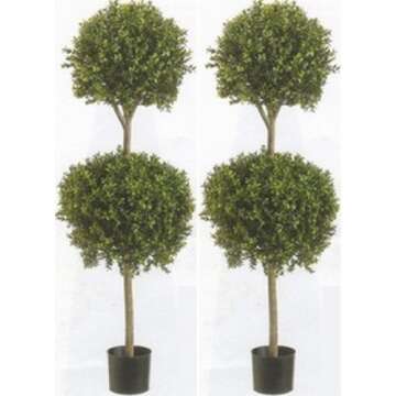 Silk Tree Warehouse Company Inc Two 56 Inch Outdoor Artificial Boxwood Double Ball Topiary Trees Potted Plants