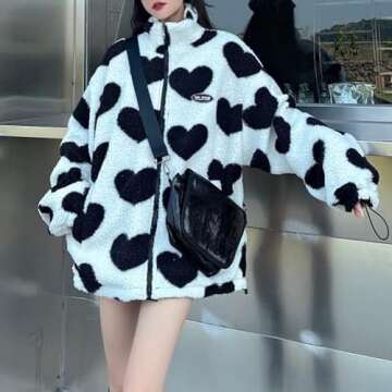 Sumleno Women's Fleece Sherpa Jackets Reversible Kawaii Heart Print Fuzzy Zip Up Cutecore Coats Aesthetic Y2k Gyaru Clothes