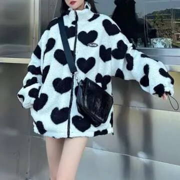 Sumleno Women's Fleece Sherpa Jackets Reversible Kawaii Heart Print Fuzzy Zip Up Cutecore Coats Aesthetic Y2k Gyaru Clothes