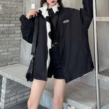 Sumleno Women's Fleece Sherpa Jackets Reversible Kawaii Heart Print Fuzzy Zip Up Cutecore Coats Aesthetic Y2k Gyaru Clothes