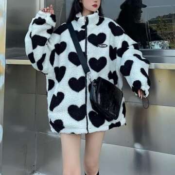Sumleno Women's Fleece Sherpa Jackets Reversible Kawaii Heart Print Fuzzy Zip Up Cutecore Coats Aesthetic Y2k Gyaru Clothes