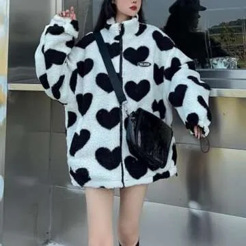 Sumleno Women's Fleece Sherpa Jackets Reversible Kawaii Heart Print Fuzzy Zip Up Cutecore Coats Aesthetic Y2k Gyaru Clothes