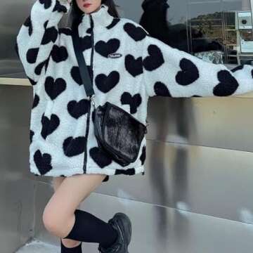 Sumleno Women's Fleece Sherpa Jackets Reversible Kawaii Heart Print Fuzzy Zip Up Cutecore Coats Aesthetic Y2k Gyaru Clothes