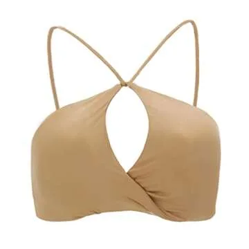 Aoxjox Women's Workout Sports Bras Fitness Backless Padded Ariel Halter Bra Yoga Crop Tank Top (Parchment Yellow, Small)