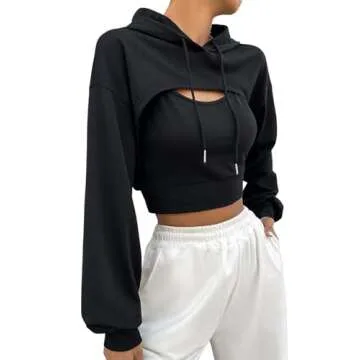 SweatyRocks Women's 2 Piece Outfits Long Sleeve Pullover Crop Top Sweatshirts Hoodie And Cami Tank Top Set Black M