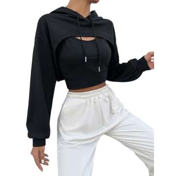 SweatyRocks Women's 2 Piece Outfits Long Sleeve Pullover Crop Top Sweatshirts Hoodie And Cami Tank Top Set Black M