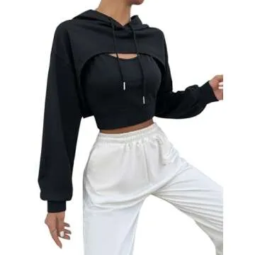 SweatyRocks Women's 2 Piece Outfits Long Sleeve Pullover Crop Top Sweatshirts Hoodie And Cami Tank Top Set Black M