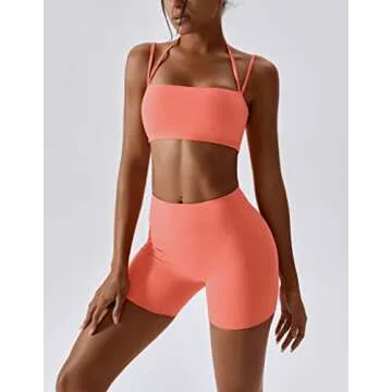 ABOCIW Workout Sets for Women Halter Bandeau Sport Bra Crop Tops High Waist Booty Shorts 2 Piece Gym Set Fitness Yoga Outfits Z-Orange Small