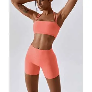 ABOCIW Workout Sets for Women Halter Bandeau Sport Bra Crop Tops High Waist Booty Shorts 2 Piece Gym Set Fitness Yoga Outfits Z-Orange Small