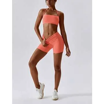 ABOCIW Workout Sets for Women Halter Bandeau Sport Bra Crop Tops High Waist Booty Shorts 2 Piece Gym Set Fitness Yoga Outfits Z-Orange Small