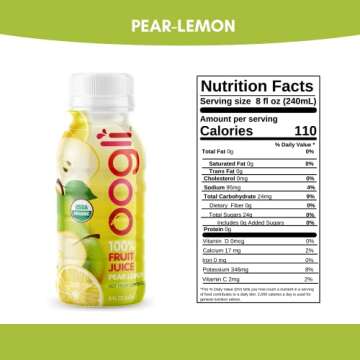 OOGLI Pear-Lemon Organic Juice, 8 fl oz (Pack of 6), NOT From Concentrate, 100% Natural, USDA Organic, Kosher Certified, Non-GMO, No Additives