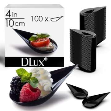 DLux 100 4-in Tear Drop Mini Appetizer Plates - Reusable Black Plastic Spoons for Catering and Desse...