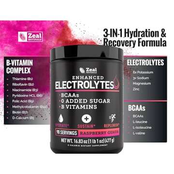 Zeal Naturals Electrolyte Powder Recovery Drink (90 Servings | Raspberry Guava) w/ 0 Sugar +BCAAs +B-Vitamins Electrolyte Supplement w Potassium Zinc & Magnesium for Hydration - Keto Electrolytes