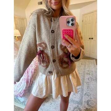 Y2k Knit Cardigans for Women Cute Bear Bow Long Sleeve Crewneck Sweater Button Down Casual Fall Tops Knitwear (Khaki, S)