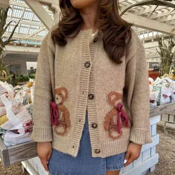 Y2k Knit Cardigans for Women Cute Bear Bow Long Sleeve Crewneck Sweater Button Down Casual Fall Tops Knitwear (Khaki, S)