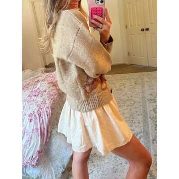Y2k Knit Cardigans for Women Cute Bear Bow Long Sleeve Crewneck Sweater Button Down Casual Fall Tops Knitwear (Khaki, S)