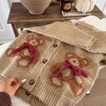 Y2k Knit Cardigans for Women Cute Bear Bow Long Sleeve Crewneck Sweater Button Down Casual Fall Tops Knitwear (Khaki, S)