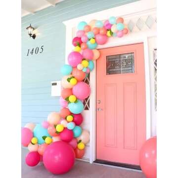 Pink Blue Yellow Balloon Garland kit with Coral Red Pastel Orange balloons for Tropical Party Birthd...