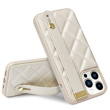 ZVE Kickstand Case Quilted Leather Cover - iPhone 14 Pro Max - Beige
