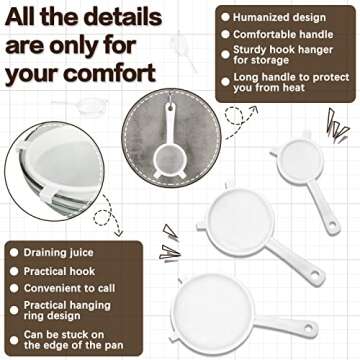 3 Pcs Plastic Nylon Mesh Strainer Colander with Handle Double Ear Fine Food Mesh Strainer Flour Sifter for Baking Kitchen Colander Sifter Kefir Tea Juice Pasta(3 Inch, 4 Inch, 5.5 Inch)