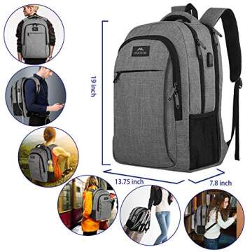 MATEIN 17 Inch Travel Laptop Backpack, Extra Large Business Backpack with USB Charging Port, Water-Resistant Computer Bag Daypack for Men Women Work Anti-Theft College Backpack, Grey
