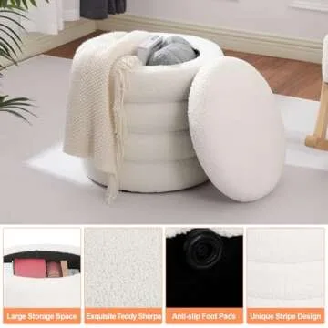 Dolift Modern Teddy Sherpa Foot Rest for Couch, Round Ottoman with Storage, Upholstered Foot Stools Ottoman, Vanity Chair for Makeup Room Bedroom Living Room (White)