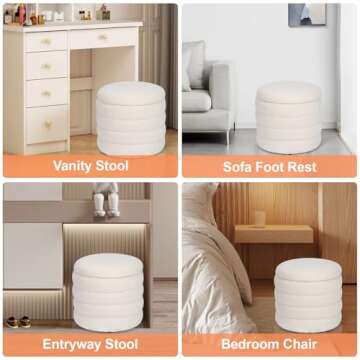 Dolift Modern Teddy Sherpa Foot Rest for Couch, Round Ottoman with Storage, Upholstered Foot Stools Ottoman, Vanity Chair for Makeup Room Bedroom Living Room (White)