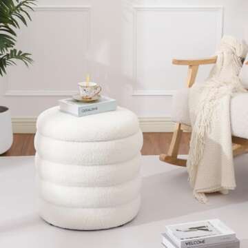 Dolift Modern Teddy Sherpa Foot Rest for Couch, Round Ottoman with Storage, Upholstered Foot Stools Ottoman, Vanity Chair for Makeup Room Bedroom Living Room (White)
