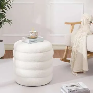 Dolift Modern Teddy Sherpa Foot Rest for Couch, Round Ottoman with Storage, Upholstered Foot Stools Ottoman, Vanity Chair for Makeup Room Bedroom Living Room (White)