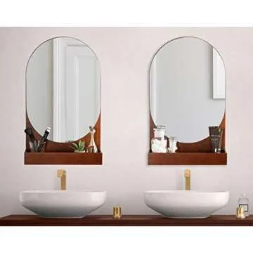 Kate and Laurel Astora Mid-Century Wood Framed Capsule Mirror, 16 x 26, Walnut Brown, Modern Mirror with Pocket Shelf for Wall