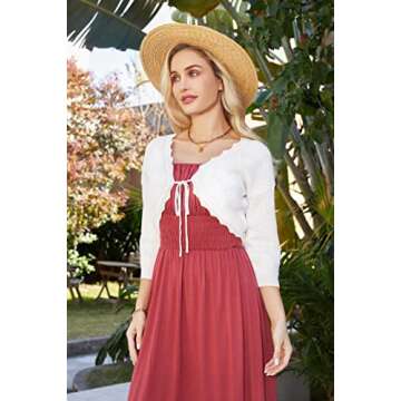 Women's Tie Front 3/4 Sleeve Scalloped Knit Cardigan Cropped Bolero Shrug Sweater White S