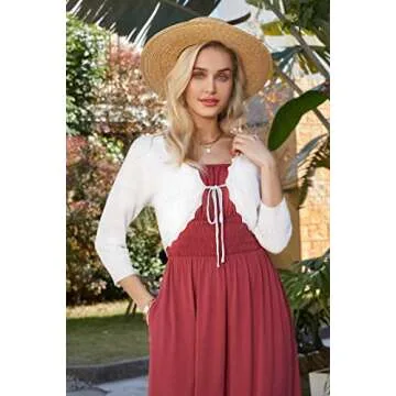 Women's Tie Front 3/4 Sleeve Scalloped Knit Cardigan Cropped Bolero Shrug Sweater White S