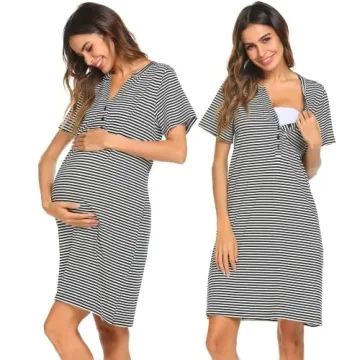 Ekouaer Nursing Nightgown Striped Women Short Sleeve Breastfeeding Sleep Dress Maternity Delivery/La...