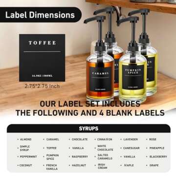HSIOHE Coffee Syrup Dispenser for Coffee Bar, Coffee Syrup Pump Dispenser, Glass Syrup Bottle with 1/4oz Large Capacity Pump, 4 Pack 16.9 oz 500 ml Syrup Dispensers 28 Labels, Black