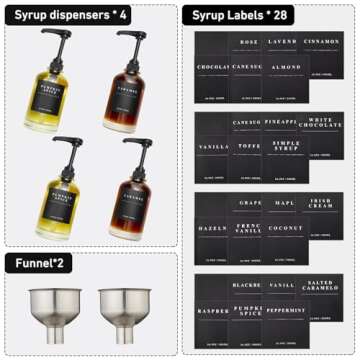 HSIOHE Coffee Syrup Dispenser for Coffee Bar, Coffee Syrup Pump Dispenser, Glass Syrup Bottle with 1/4oz Large Capacity Pump, 4 Pack 16.9 oz 500 ml Syrup Dispensers 28 Labels, Black