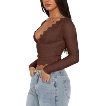 REORIA Women's Sexy Lace V Neck Crop Tops for Any Occasion