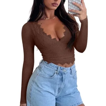 REORIA Women's Sexy Lace V Neck Crop Tops for Any Occasion