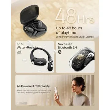 SHOKZ OpenFit 2 Open-Ear Headphones, True Wireless Bluetooth Earphones with Microphone, Earhook Earbuds with 48 Hours of Playtime, Fast Charging, IP55 Water-Resistant, with Carrying Bag, Black