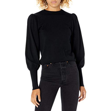 The Drop Women's Vivienne Pleated Shoulder Balloon-Sleeve Crewneck Sweater, Black, S