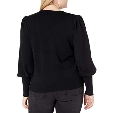 The Drop Women's Vivienne Pleated Shoulder Balloon-Sleeve Crewneck Sweater, Black, S